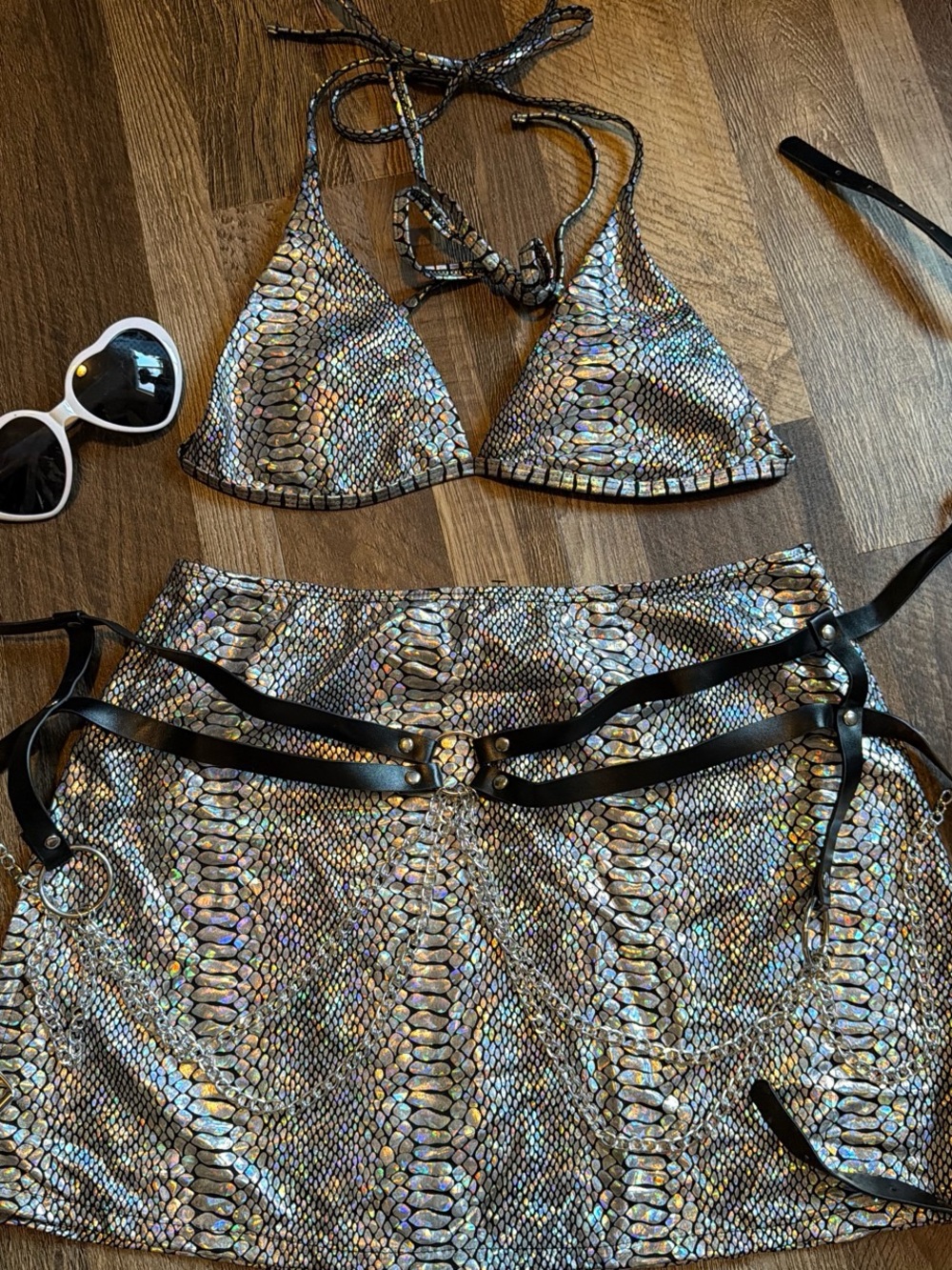 Holographic Snake Print Bikini Top and Mini Skirt Set with belt and sunglasses